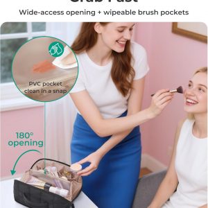 BAGSMART Travel Makeup Bag for Women, Portable Water-resistant Cosmetic Case, Puffy Padded Make Up Organizer Pouch, Open Flat Toiletry Bag for Toiletries, Brushes, Pink