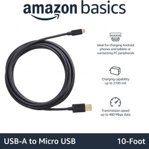 Amazon Basics USB-A to Micro USB Charging Cable, 480Mbps Transfer Speed with Gold-Plated Plugs, USB 2.0, 10 Foot, Black