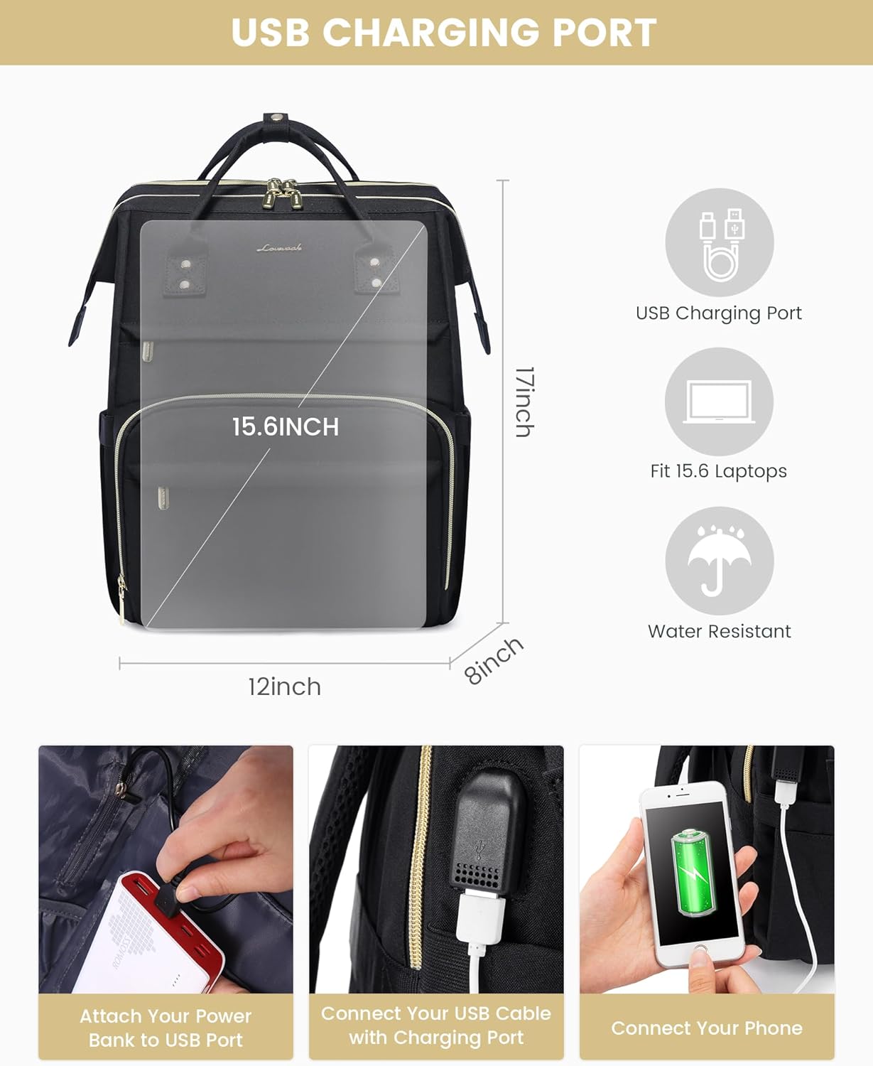 LOVEVOOK Laptop Backpack for Women, Travel with Compartment, Water Resistant Teacher Nurse Backpack, Anti-theft Back Pack Charger Work Doctor, 15.6-Inch, Black - Image 6