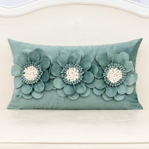 Alerfa 3D Flower Handmade Throw Pillow Cover Decorative Green Velvet Pillowcase Cushion Cover with Hidden Zipper for Couch Bed Living Room Home Decor 12×20 Inches