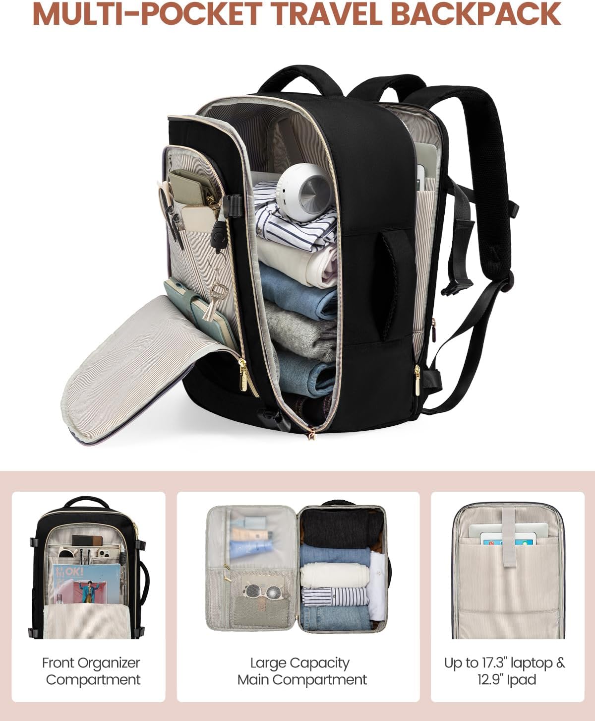 LOVEVOOK Travel Backpack for Women, 40L Carry On Backpack for Airplanes, Personal Item Bag for Airlines Fits 17 inch Laptop,TSA Approved Luggage with 3 Packing Cubes,Waterproof Weekender Gym back pack - Image 4