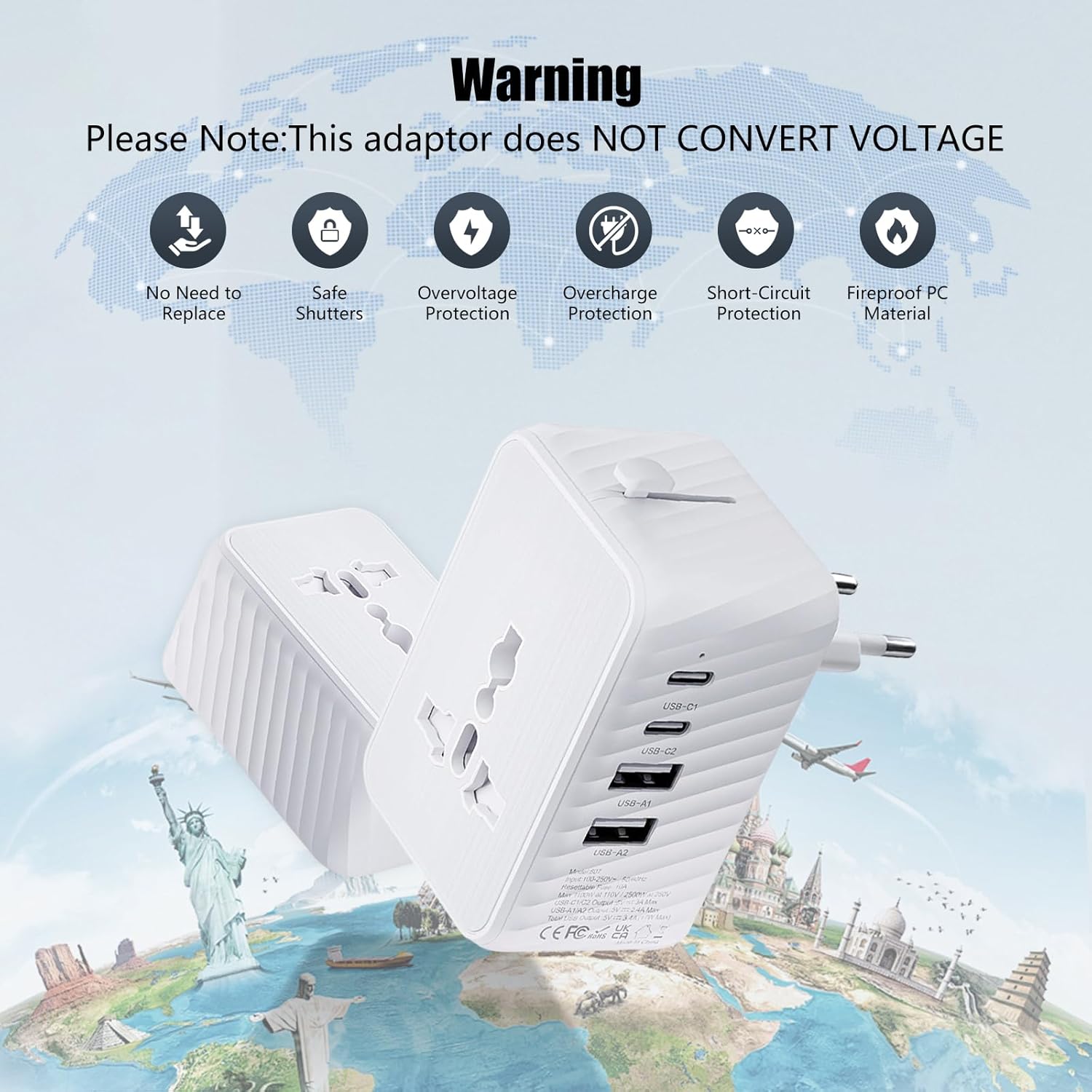 Universal Travel Adapter - Worldwide Power Plug Converter for US, UK, EU, AU with Type-C & USB-A Ports - European Travel Plug Adapter, International Power Adapter (White) - Image 7