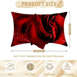 Imitation Silk Pillow Case for Hair and Skin Vintage Red Rose 1 Pack Satin Pillow Case Standard Size with Hidden Zipper Smooth Cooling Pillow Cover for Sleeping 20”x26”