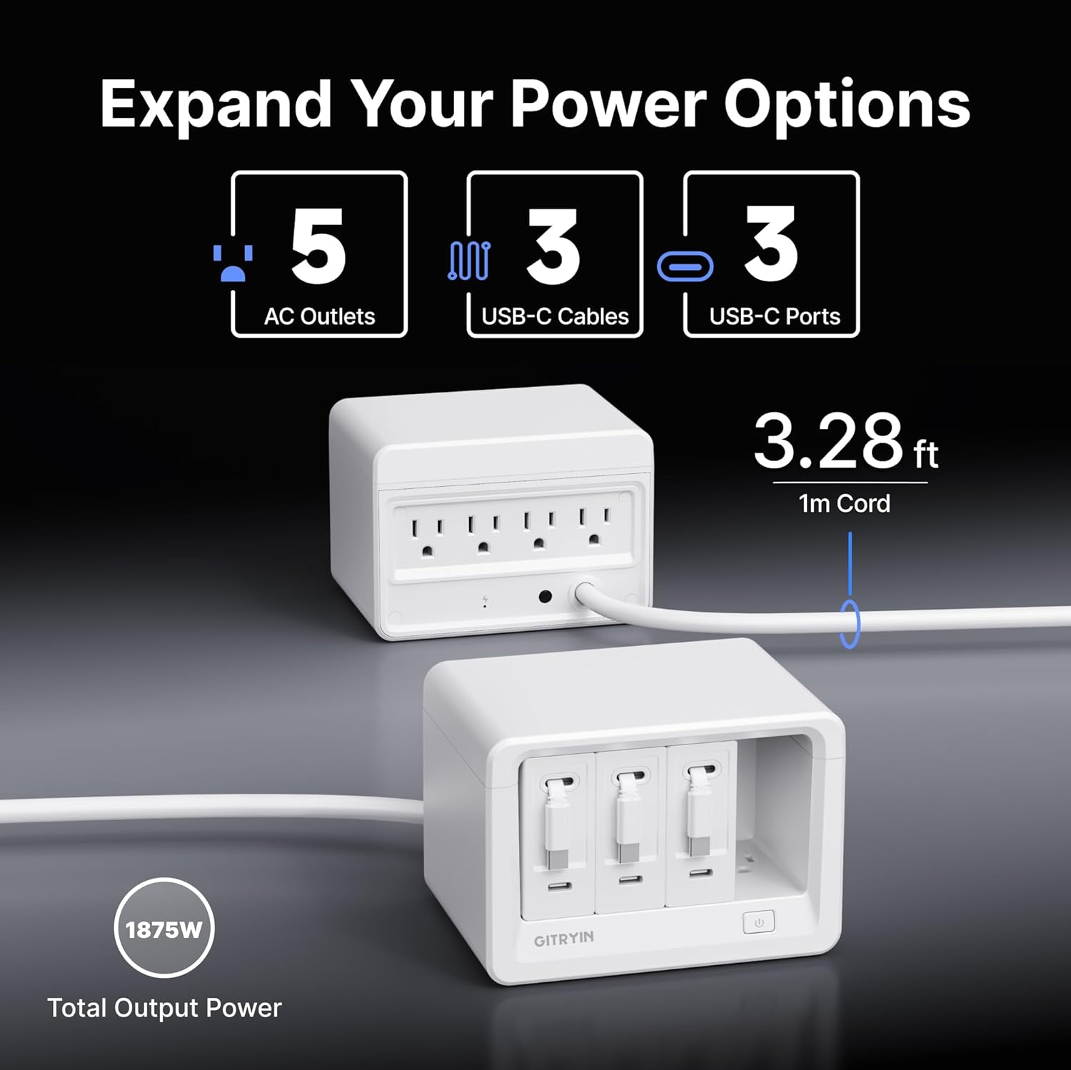 Gitryin 11-in-1 Desktop Charging Station with 3 Retractable Wall Chargers, 40W USB-C Power Strip with 5 AC, 3 USB C, 3 Type-C 33.5in Cables, Extension Cord with 1020J Surge Protection for Home Office - Image 2