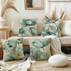 LSMIAO Print Green Poppy Flowers Throw Pillow Covers, Teal Blue Floral Pattern, 18×18 Inch, 100% Polyester, Hidden Zipper, Set of 4, Green Plants Decoration Cushion Covers, Without Pillow Inserts