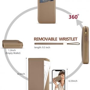 Large Travel Wallet for Women,RFID Zipper Wallet with AirTag Slot,Passport Holder Clutch with Wristlet (Camel)