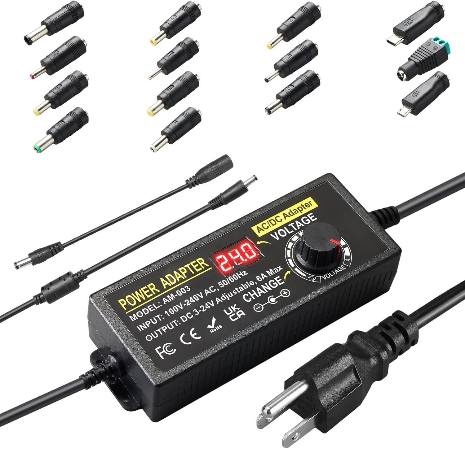 144W Adjustable Power Supply Adapter 3V~24V 6A Universal Variable Switching Power Adapter 100V-240V AC to DC Converter Transformer with 14 Tips&Polarity Converter3V 5V 6V 9V 12V 15V 16V 18V19V20V24V