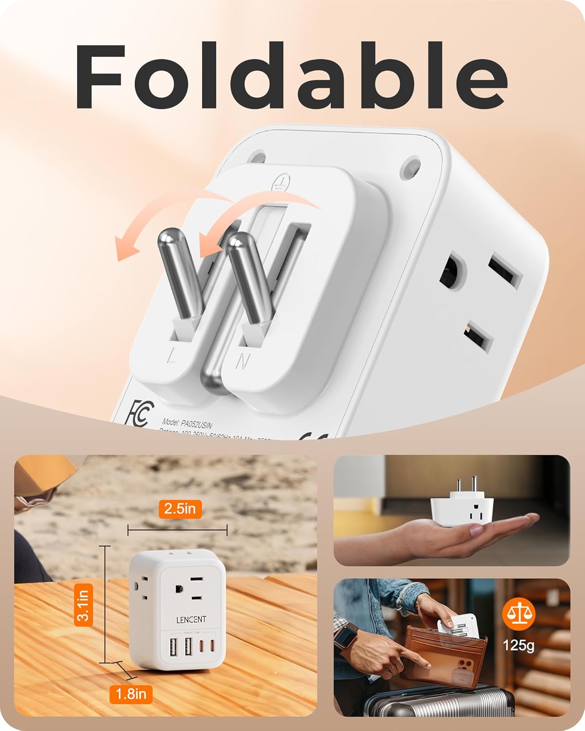 LENCENT Foldable India Travel Plug Adapter, US to India Power Plug Adapter with 4 Outlets, 4 USB Charger(2 USB C), Type D Adaptor for USA to India Bangladesh Maldives Nepal Pakistan, Safe Grounded - Image 3