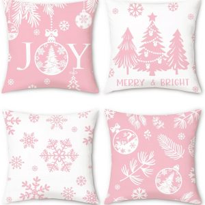 COZZSNUGE Pink Christmas Throw Pillow Covers, Xmas Tree Snowflakes Joy Winter Holiday Velvety Decorative Pillowcases for Sofa Bed Home Patio Set of 4, 18 x 18 Inches