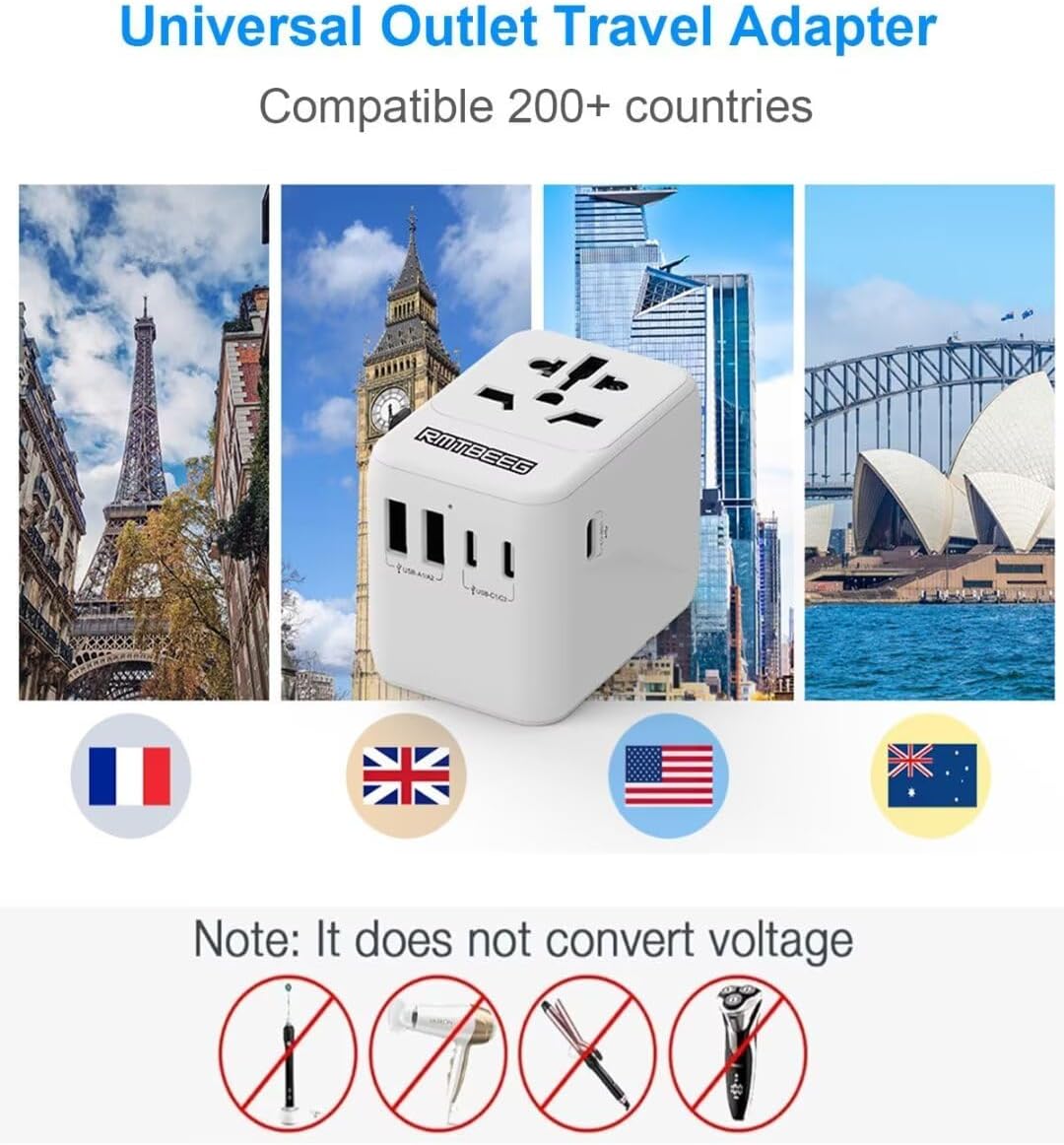 Universal Travel Adapter, International Power Plug Adapter with 3 USB-C & 2 USB-A Ports, All-in-One Worldwide Wall Charger for US EU UK AUS, Compatible with Type C/G/A/I Plugs for Travel - Image 4