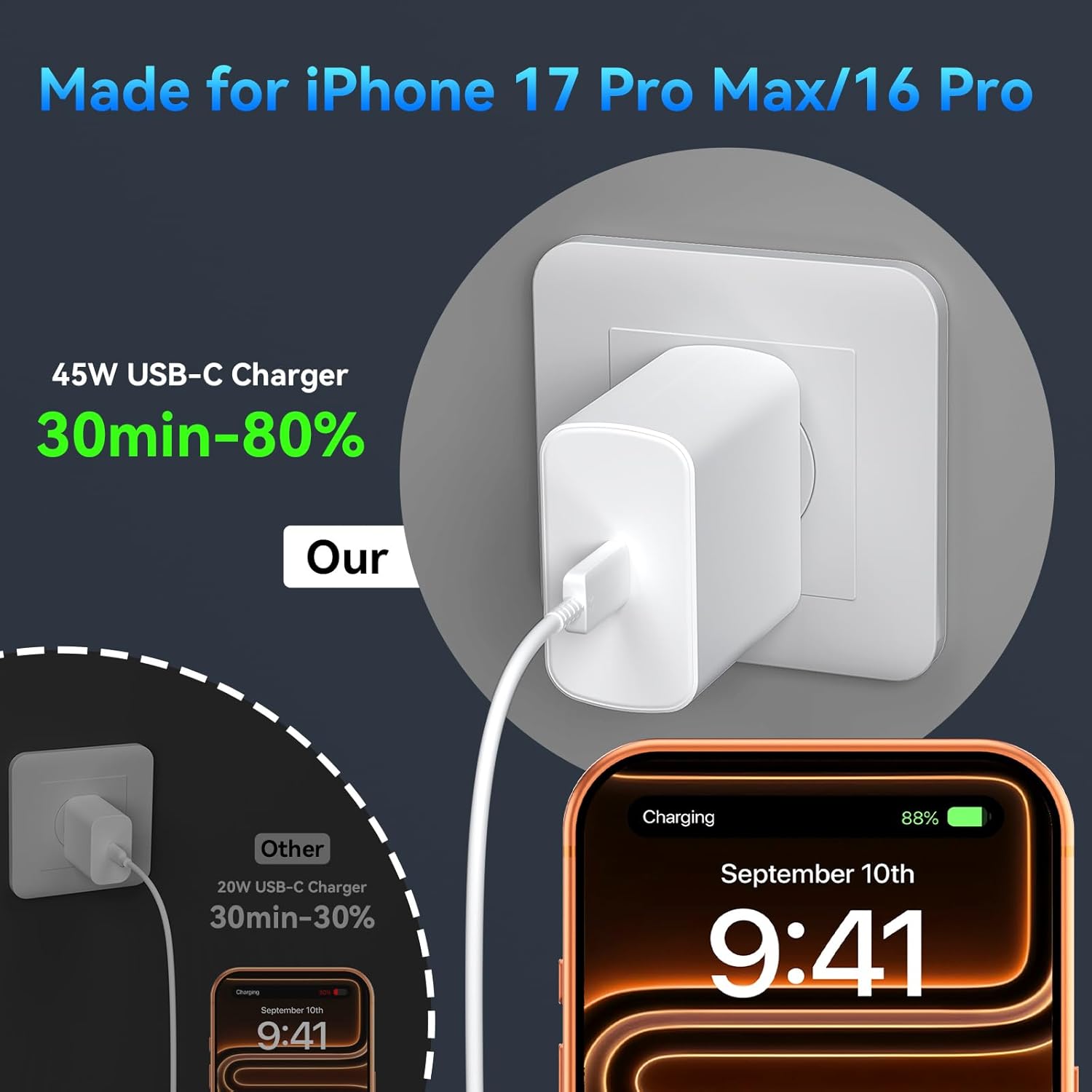 iPhone 17 16 15 Pro Max Charger Fast Charging, 45W USB C iPhone Charger Fast Charging Cable 10FT Long Type C Chargers Block Compatible with iPhone 17 Pro Max/17 Pro/17/16/16 Pro Max/15 Pro Max - Image 4
