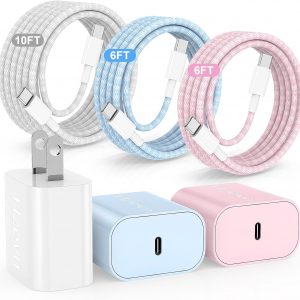 Hzevn 20W USB C Fast Charging for iPhone 17 Air/16/15 Pro Max,3Pack Colorful Mixed Charger Block with Braided Long USB C to C Cables (6/6/10ft) Compatible with iPhone16/15 Pro/15 Plus/iPad Pro
