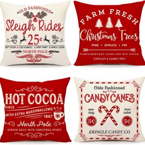 Farmhouse Christmas Pillow Covers 16×16 Set of 4 Winter Holiday Decorations Xmas Red White Rustic Throw Cushion Case for Sofa Couch Home Decor (Sleigh Rides, Farm Fresh Tree, Cocoa, Candy Canes)