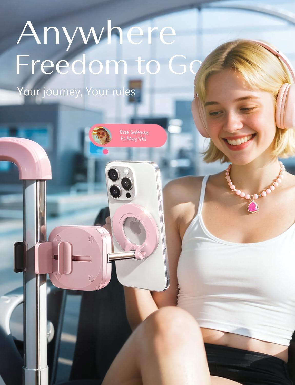 LISEN Airplane Phone Holder Travel Essentials for Women Long Flight Essentials Must Haves Handsfree for MagSafe Phone Stand Beach Vacation Cruise Essentials 2025 for iPhone 16 Pink - Image 5