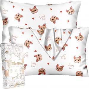 Miss Adola Silk Pillowcase 2 Pack – Cute Pillow Cases 20″ x 26″ Standard Size Set of 2 for Hair and Skin Smooth Soft Breathable with Hidden Zipper Cooling Pillow Covers for Sleeping, Love Cat