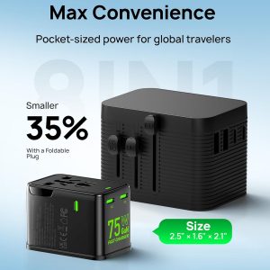 75W Tiny European Travel Plug Adapter, GaN Fast Charging Universal Travel Adapter with 5 Ports (1 AC, 1 USB-A, and 3 USB-C), Plug Adapter with Smart Chip for Over 200 Countries, PD&QC Charger