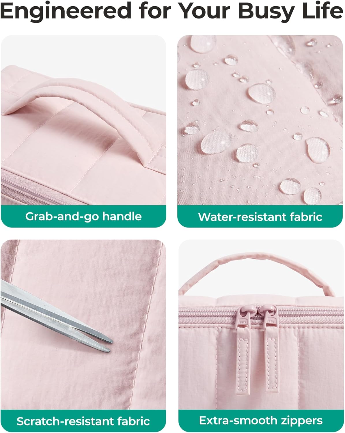 BAGSMART Travel Makeup Bag for Women, Portable Water-resistant Cosmetic Case, Puffy Padded Make Up Organizer Pouch, Open Flat Toiletry Bag for Toiletries, Brushes, Pink - Image 5