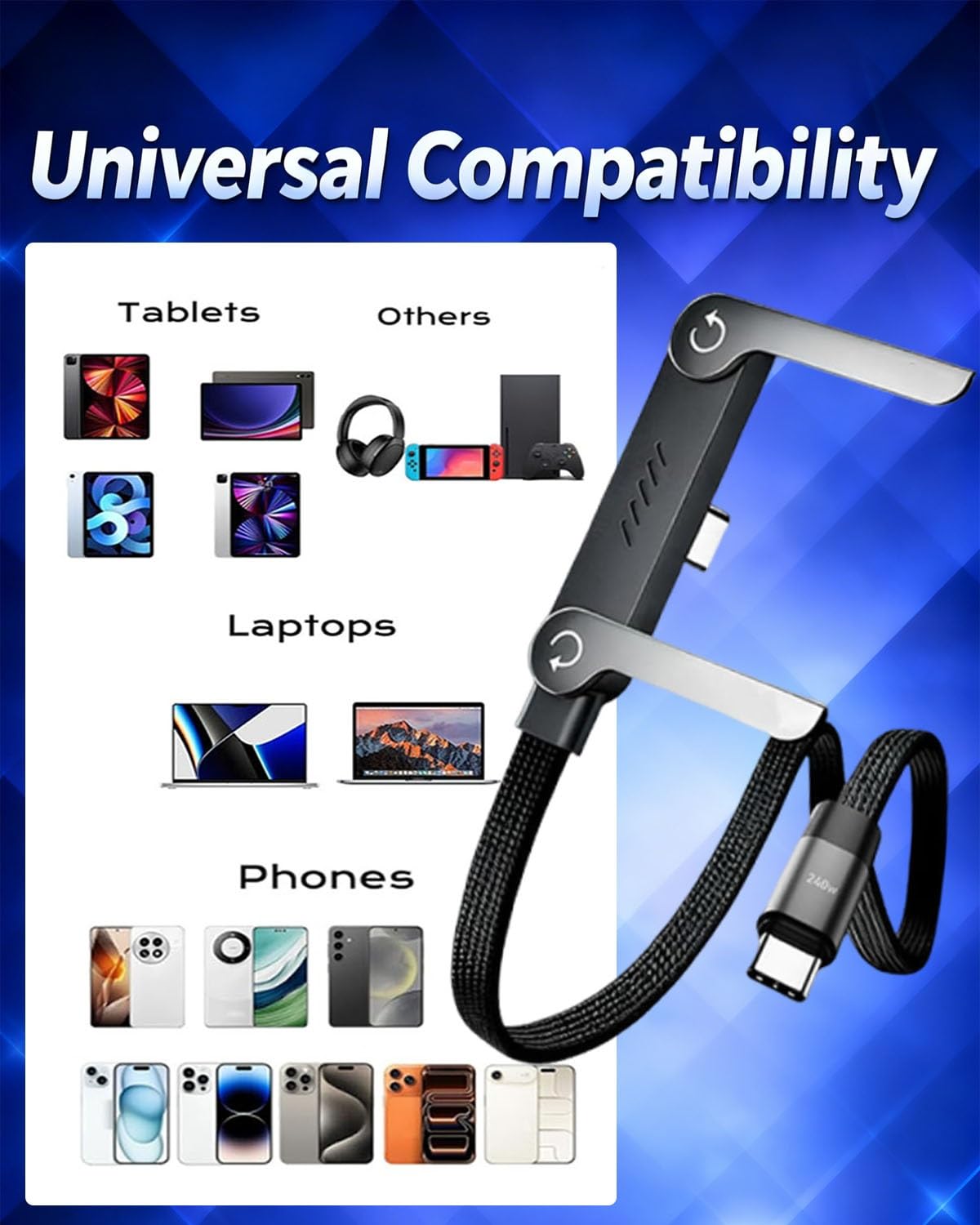 240w USB-C(Type-C) Cable,Invisible Holder Charger Cable with Stand,2-in-1 Braided Super Fast Charging Cables,Sideways Phone Charger,Multi Foldable 90° High-Speed Charge Cord,5ft C to C Data Cables - Image 9