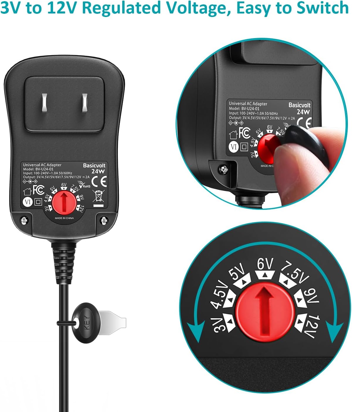 24W 3V 4.5V 5V 6V 7.5V 9V 12V Universal AC/DC Adapter Multi-Voltage Regulated Switching Power Supply with 8 Round DC Plugs for LED Strip Light CCTV Camera Speaker Router,2A Max - Image 2