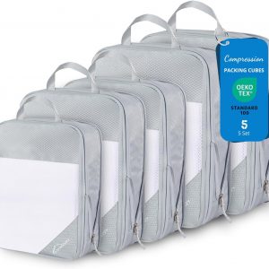 Compression Packing Cubes, 5 Set Packing Cubes for Travel Compression, Lightweight Compressible Package Organizer for Carry On and Suitcases, Light Grey