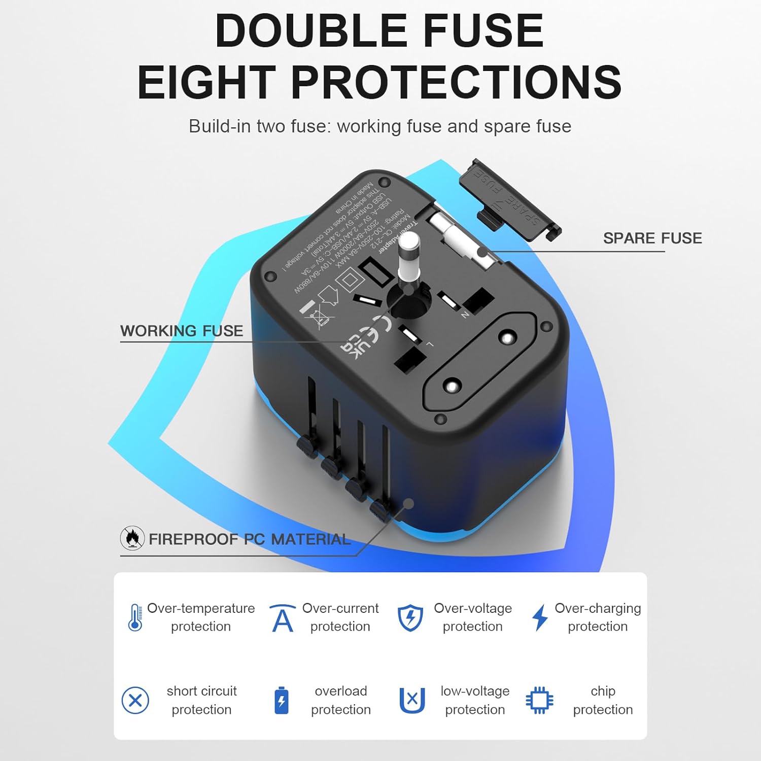 Universal International Power Travel Plug Adapter, 5 in 1 European Travel Plug Adapter W/ 3.5A 2xUSB-A and 2xUSB C Wall Charger and Worldwide AC Outlet for Europe USA UK AUS Asia - Image 6