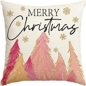 AVOIN colorlife Pink Christmas Tree Merry Christmas Throw Pillow Cover, 18 x 18 Inch Pink Christmas Cushion Case Decoration for Sofa Couch