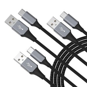 USB-C Cable 3-Pack (3ft/6ft/6ft), USB A to USB-C Fast Charging Cord, Nylon Braided, Compatible with 17/16/15 Pro Max ,Galaxy and Other Type-C Devices – Black