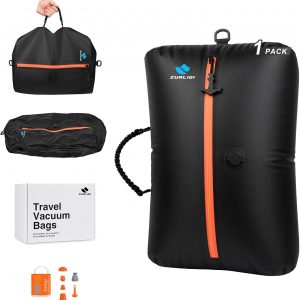 Zurligi Vacuum Compression Bags with Pump for Travel – Reusable Portable Travel Pack Vacuum Bag Kit for Carry-On Suitcase and Backpack, Vacuum Seal Bags for Clothing(1-Pack, Black)