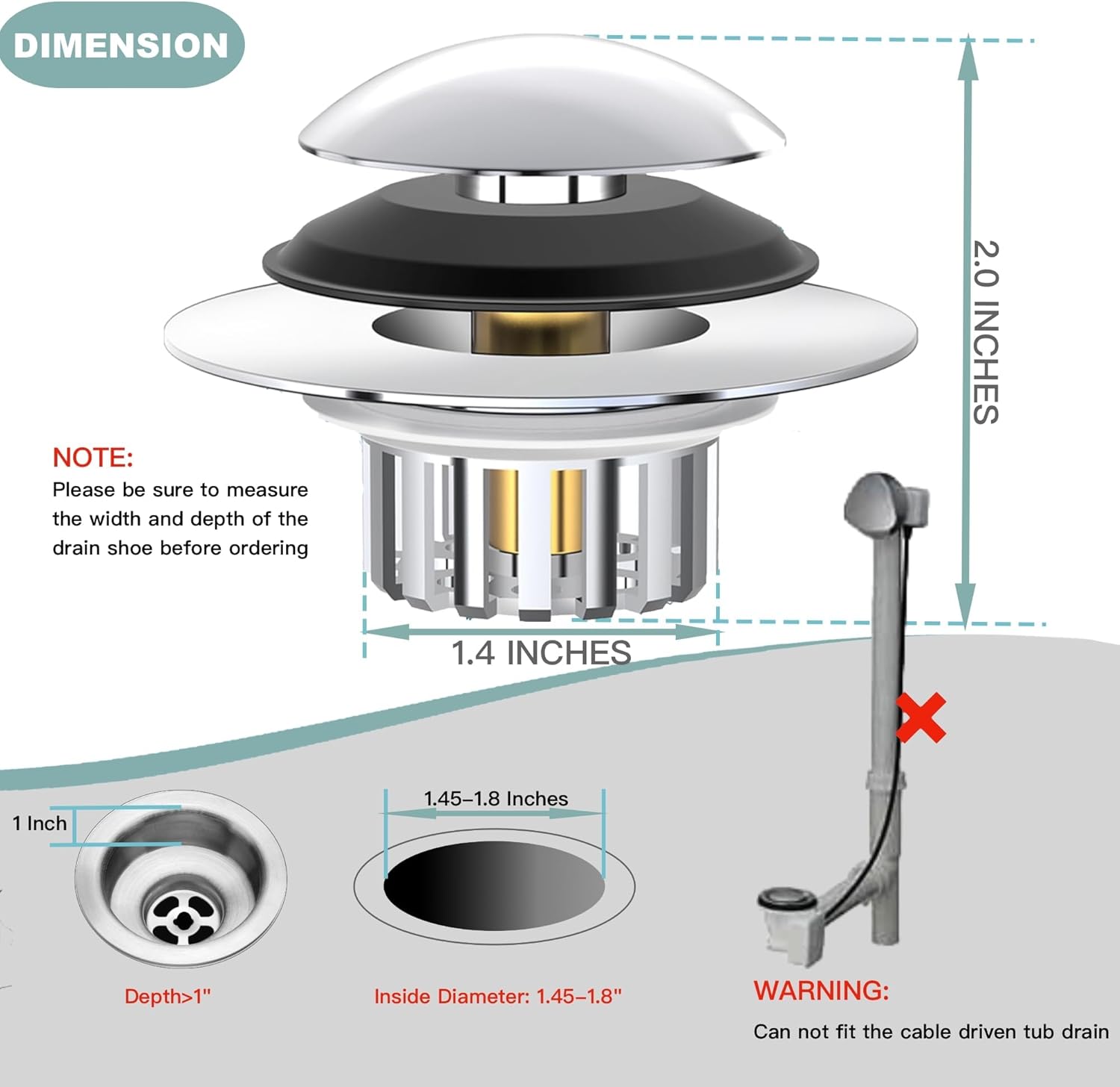 Bathtub Drain Stopper, Bath tub Drain Hair Catcher, Universal Bathtub Stopper, Bath tub Plug, Pop-up Tub Stopper with Effective Filter Basket, Anti-Clogging Sink Stopper & Tub Shroom (Chrome) - Image 6