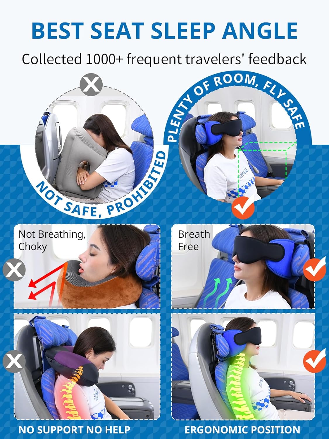 Travel Pillows for Airplanes, 360° Support Headrest Pillow with Eye Mask for Sleeping Long Flights, Travel Pillow for Car Road Trip, Car Headrest, Travel Accessories Stop Bobblehead, Black - Image 3