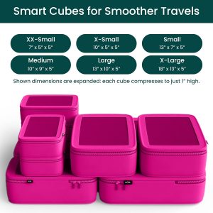 NOBL Travel Compressible Packing Cubes Set, 6 Pieces Travel Packing Organizers, Compression Luggage Cubes for Suitcases & Carry On, Space Saving (XXS, XS, S, M, L, XL) – Hot Pink