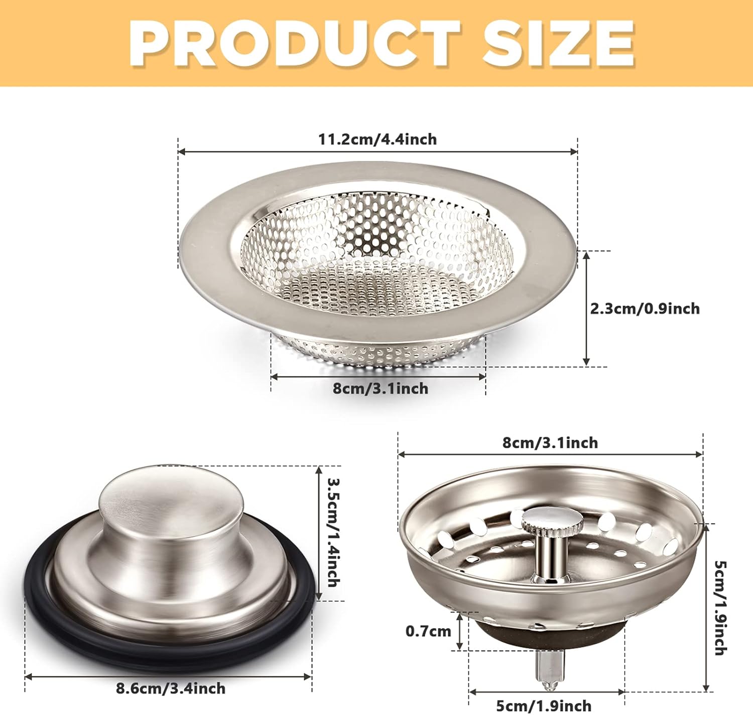 Mudder 3 Pcs Kitchen Sink Drain Strainer and Stopper Stainless Steel Garbage Disposal Plug with Handle Universal Anti-Clogging Kitchen Sink Filter Sieve Basket Strainer(Brushed Silver) - Image 2