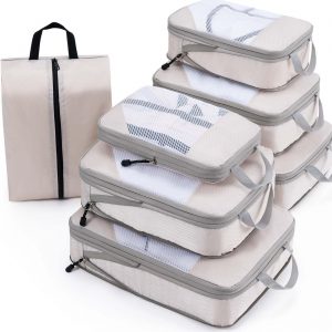 Meowoo 7 Set Compression Packing Cubes for Travel, Durable Ripstop Mesh Suitcase Organizer with Shoe Bag, Ultralight & Expandable Space Saver Travel Cubes