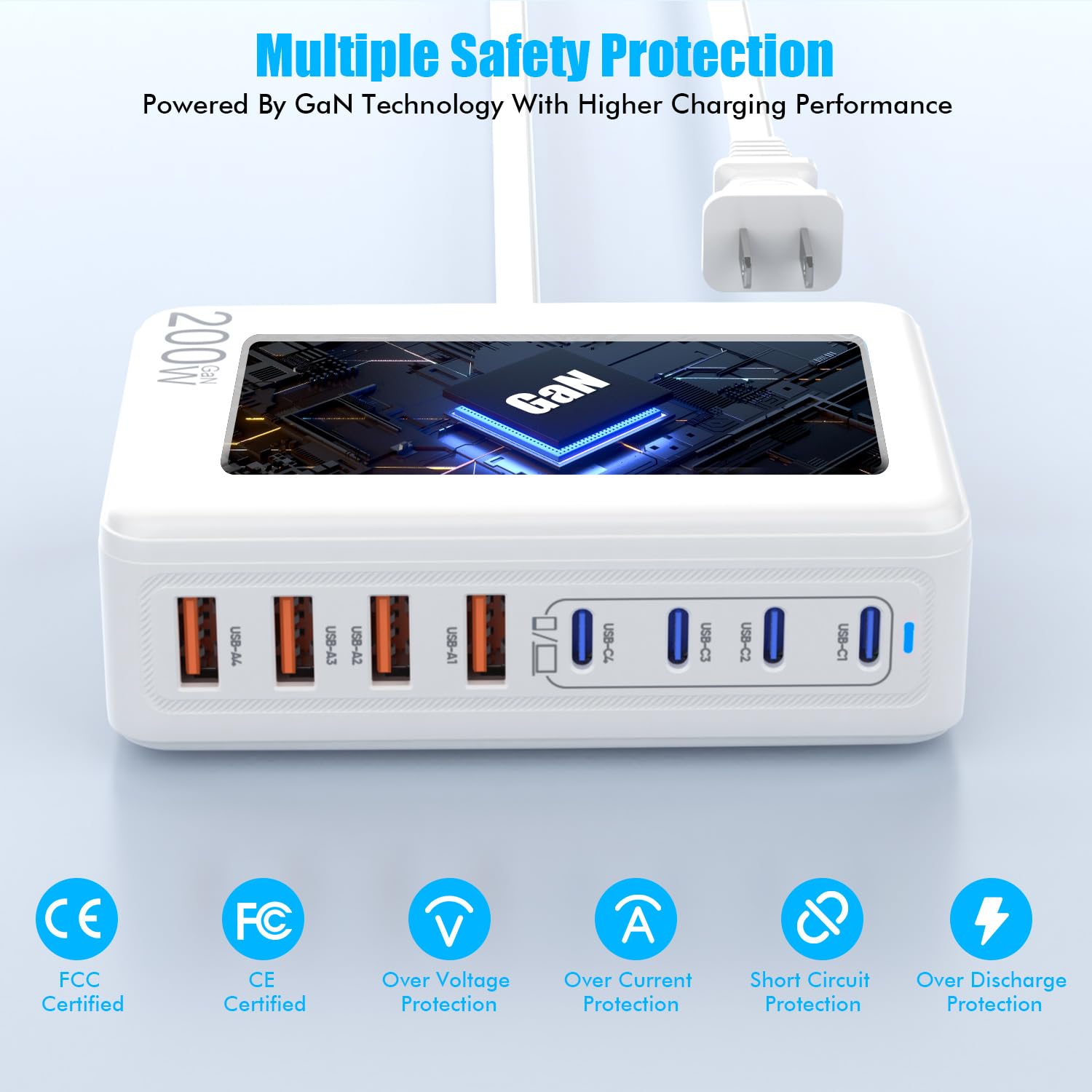 USB C Charger Block,200W GaN 8 Port USB C Charging Station USB Hub Block Cube Type C & USB A Wall Charger Power Adapter for Multiple Devices Apple iPhone 16/15/14,Steam Deck,MacBook Pro/Air,iPad Pro - Image 3