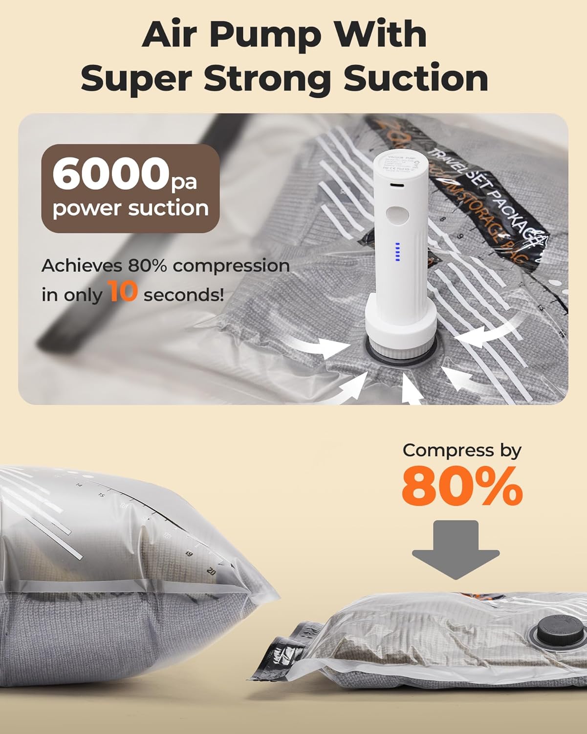 BAGSMART Rechargeable Wireless Pump Travel Storage Bags Set, 15 Pack Portable Space Saver Bags for Travel & Home, Vacuum Compression Seal Bag for Clothing, Blanket, Duvets- 15pcs - Image 5