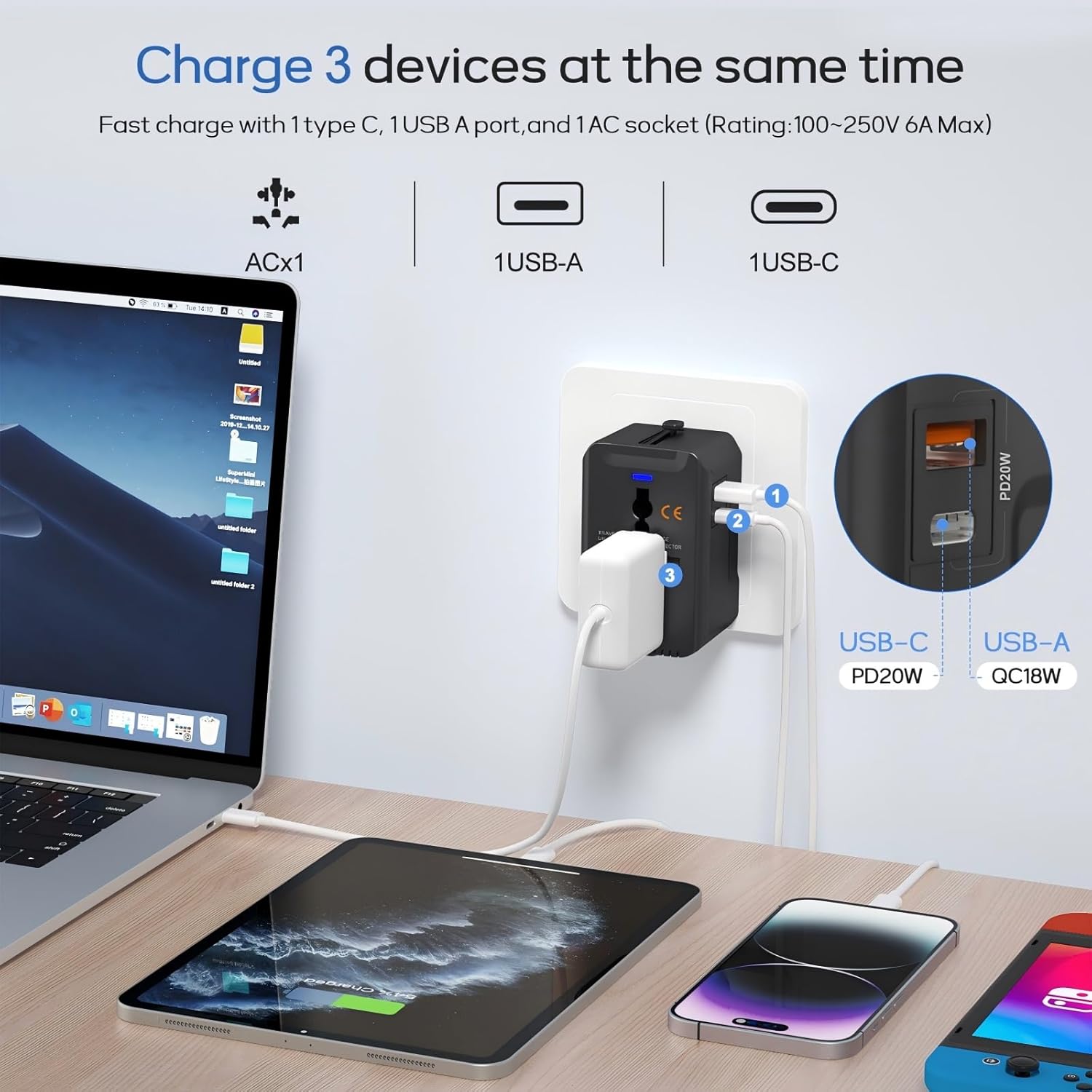 20W PD Fast Charging Universal Travel Adapter, 3-in-1 with 1 Type-C & 1 USB-A Ports, European Plug, International Power Adapter for US/JP/EU/UK/AUS/CHN, Worldwide Travel Essentials - Image 4