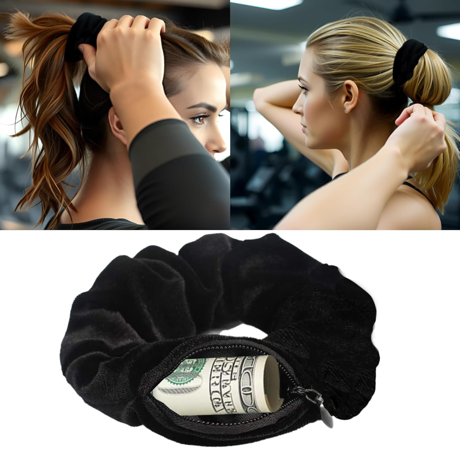 Zipper Scrunchie,Velvet Scrunchie with Zipper Pocket for Women - Hair Tie with Hidden Storage Compartment for Cash, Lipstick, Keys & Valuables | Hidden Compartment Items for Travel (Black, 8) - Image 3