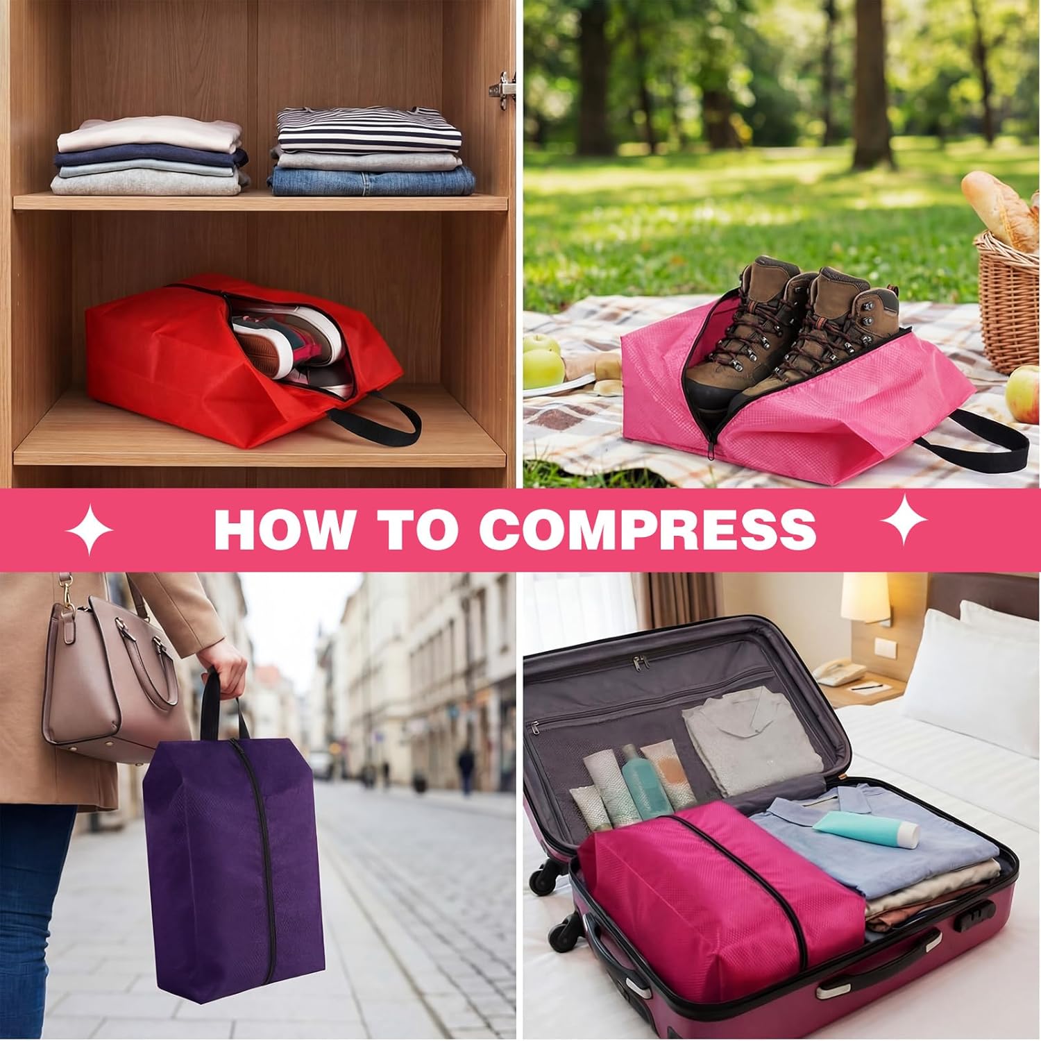 Bulyoou 6 Pcs Travel Shoe Bags with Zipper Portable Suitcase Shoe Organizer Packing for Men Women Nylon Multicolor(Red Purple,Classic,8.7 x 4.7 x 16.5 Inches) - Image 6