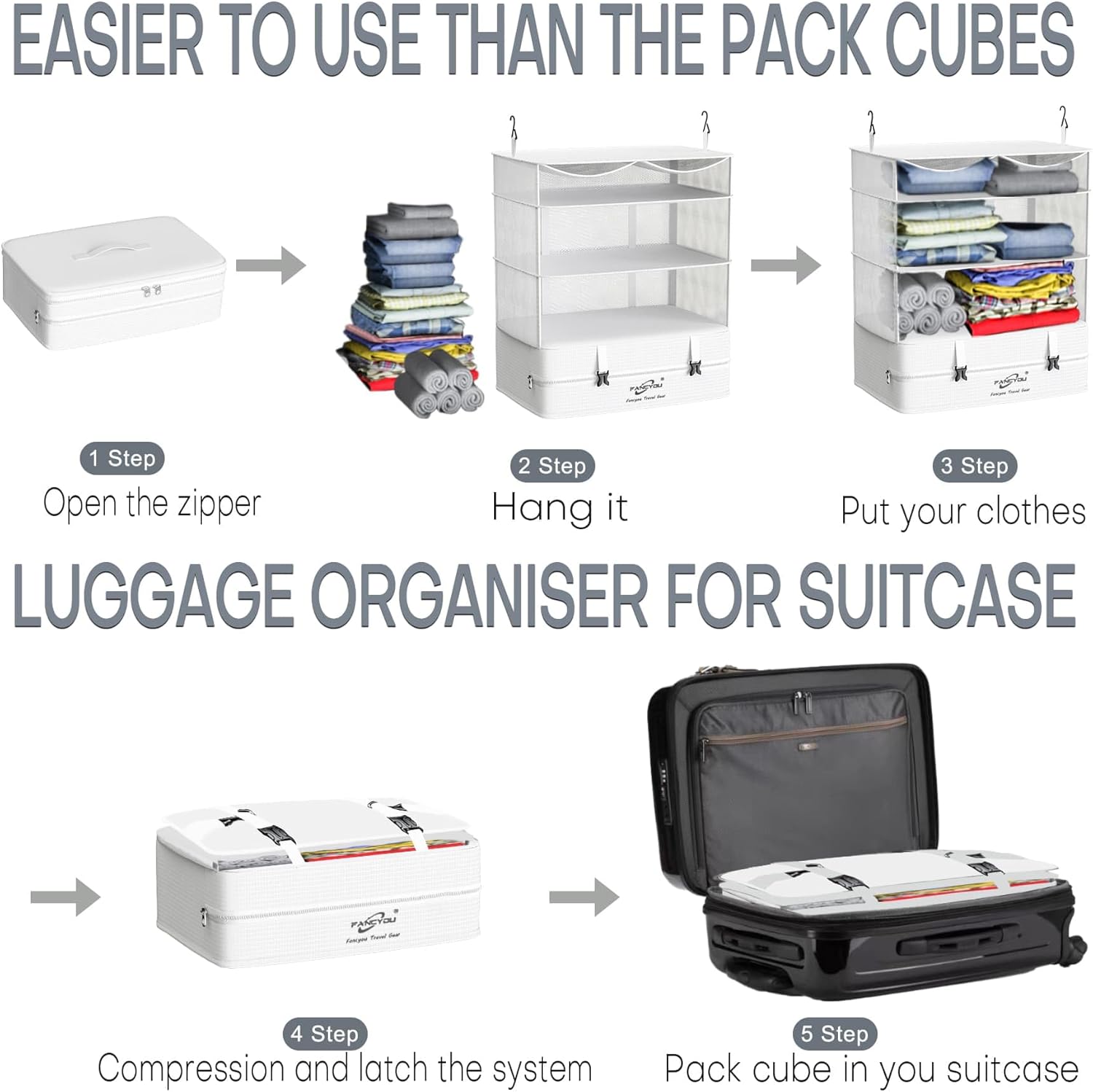 Compressible Packing Cubes Portable Hanging Closet Shelves 17"x12"x24" Extendable Travel Organizer Nylon Packing Bags for Suitcase - Image 4