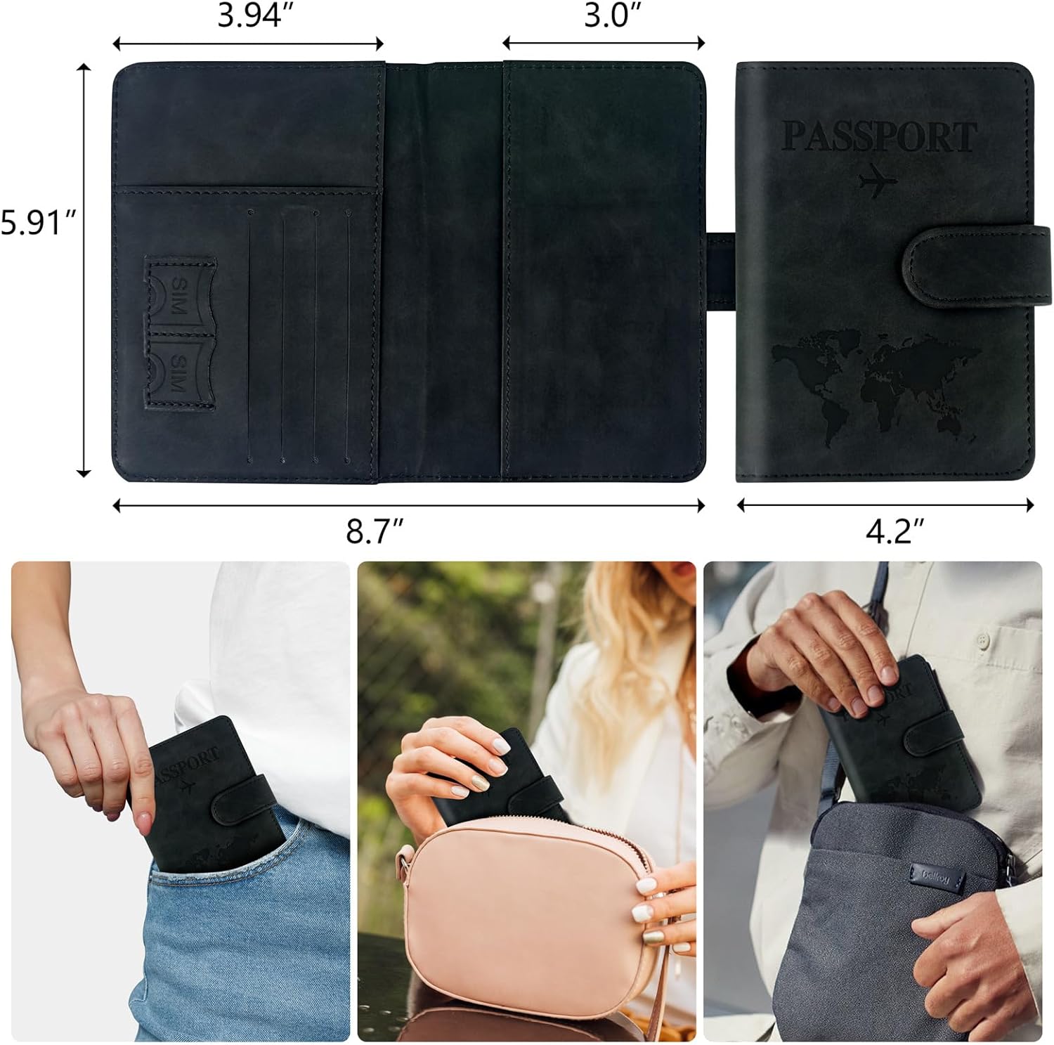 Passport Wallet Holder - Slim Travel Organizer Cover for Women & Men, Essentials Accessory (Black) - Image 2