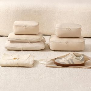 Wmazio 6 Set Compression Packing Cubes for Suitcases, Lightweight Luggage Organizer Bags Set for Travel Essentials, Compressible Expandable Travel Packing Organizer, Travel Cubes for Carry on (Beige)