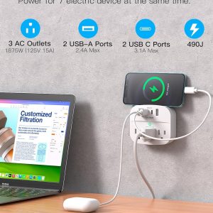 One Beat 2 Pack Multi Plug Outlet Splitter with USB,Surge Protector Outlet Extender with 3 Wall Outlets 4 USB Wall Charger(2 USB C),490 J, ETL Listed,Small Outlet Adapter Plug Extender for Travel,WH