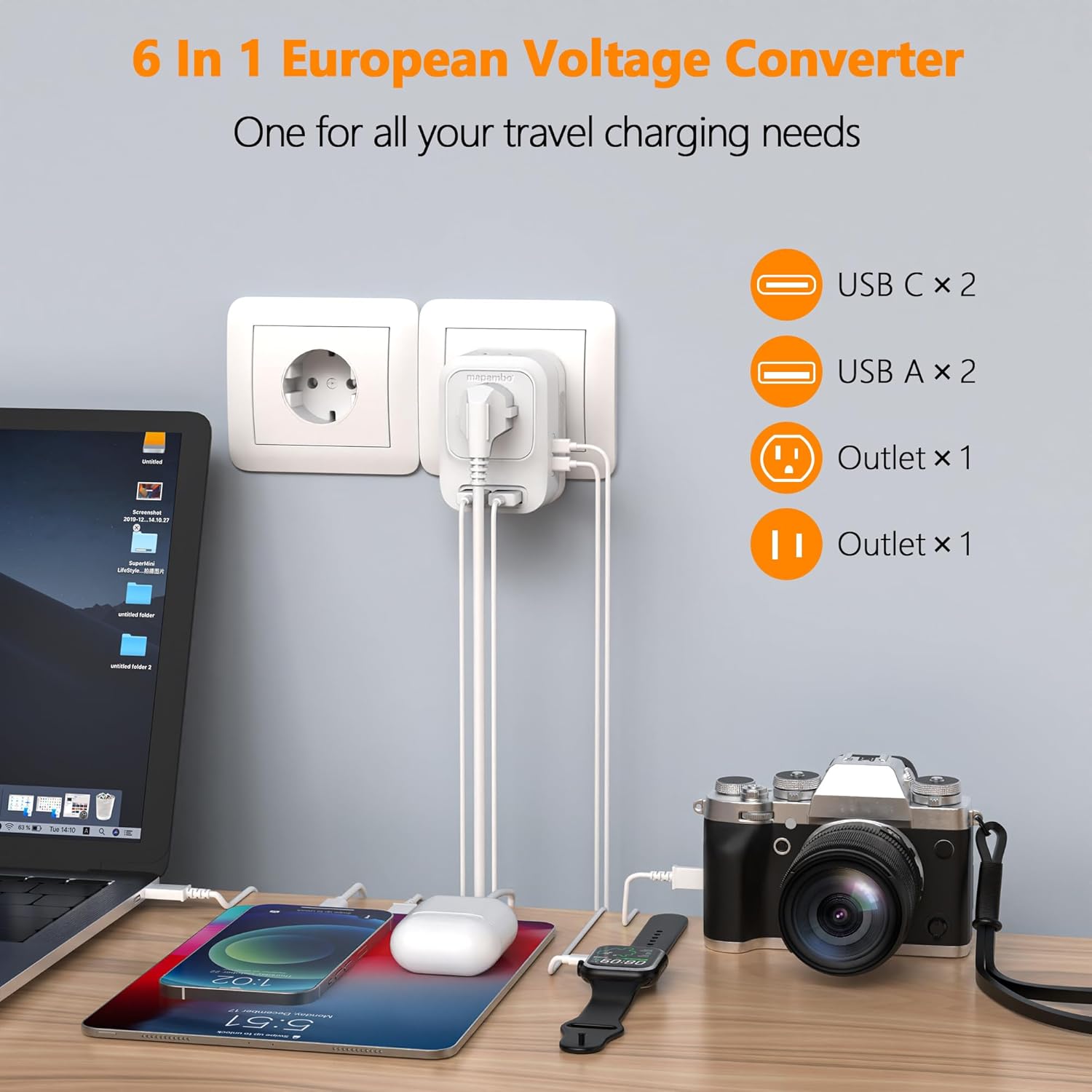 Mapambo Voltage Converter US to Europe Travel: International Universal Travel Adapter with Fast Charging 2 USB-A 2 USB-C - Image 3
