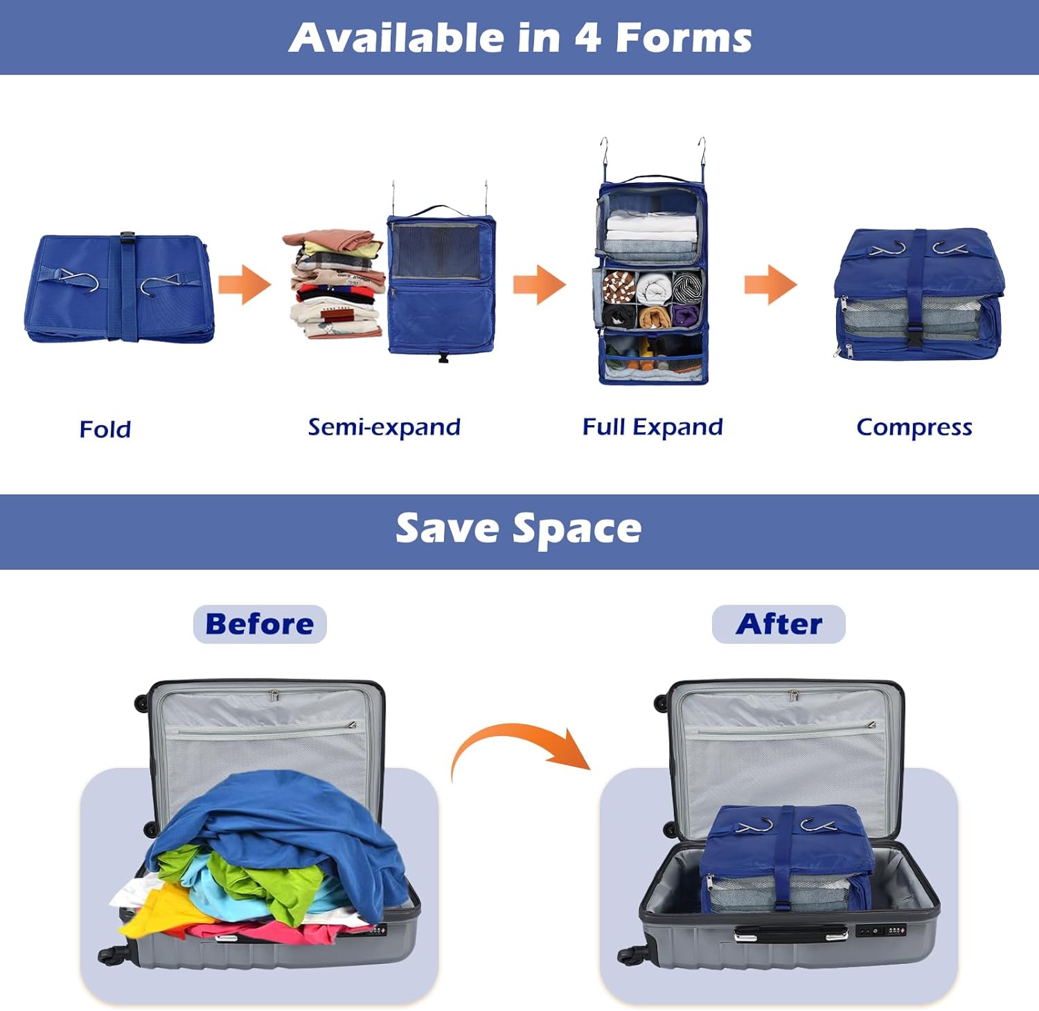Surblue Hanging Shelves Travel Storage Bag Compression Packing Cube for Suitcase Collapsible with Extension Layer Large Capacity, Blue,XL - Image 3