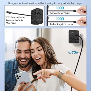 FOVAL European Travel Plug Adapter, Universal Travel Adapter with Retractable USB C Cable, All-in-one International Power Adapter for Europe Italy UK US AUS (70W)