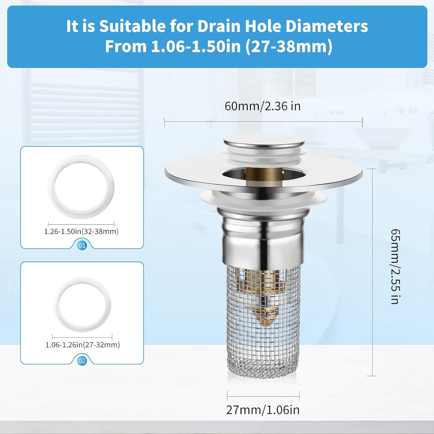 2 Pack Bathroom Sink Stopper for 1.06-1.50in, Universal Drain Filter with Hair Strainer, Universal Bathroom Sink Drain Pop Up Stopper for US Stainless Steel Floor Drain Filter - Image 3