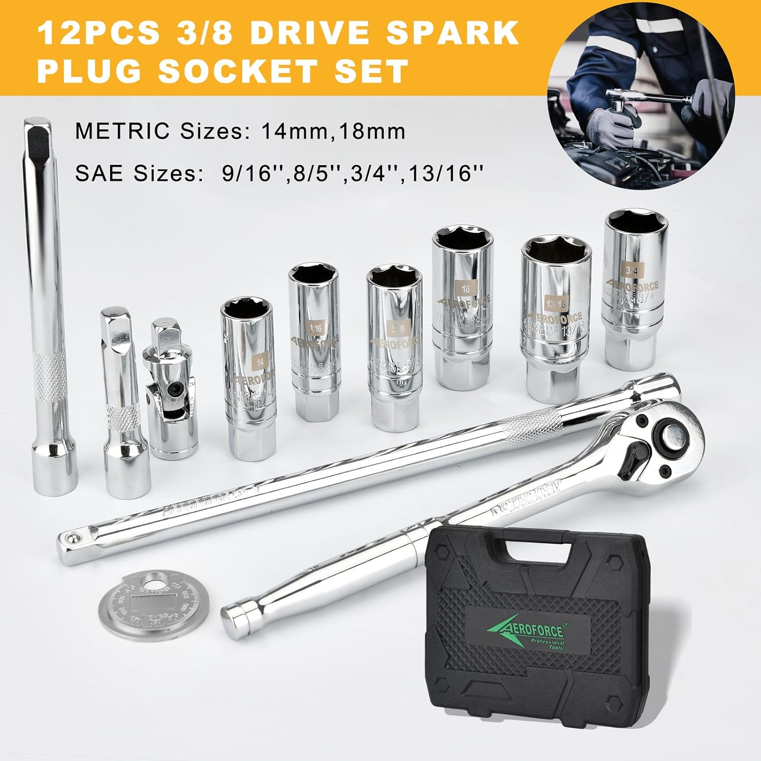 AEROFORCE 12PCS 3/8" Drive Spark Plug Socket Set with Ratchet Handle, Universal Joint, Extension Bar & Spark Plug Gapper, Fits 9/16", 5/8", 3/4", 13/16", 14mm, 18mm, CR-V Steel with Rubber Holder Ring - Image 2