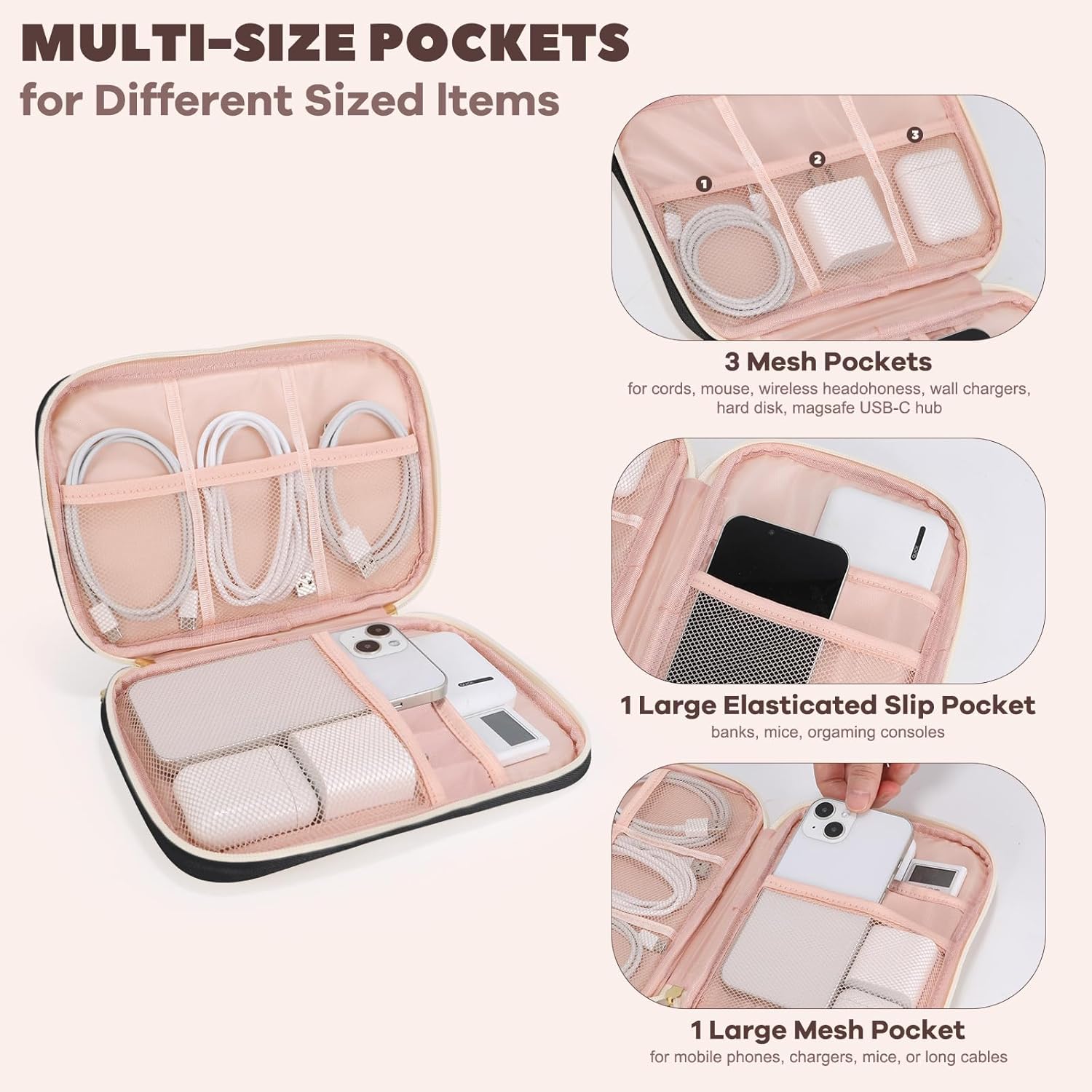 Electronics Organizer Travel Case, Charger Bag Cord Organizer Travel, Compact Tech Pouch Cable Organizer Bag for Charger, Cords, Phone, Headphones, Flash Drive, SD Card (Black, Small-Single Layer) - Image 2