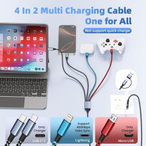 4 in 2 Multi Charging Cable, USB A/C Cable with Dual Type-C/Lightning/Micro USB, Travel Charger for Multiple Devices, Phone Charger Cord for iPhone 17/16/15/14, Galaxy, Android Tablet Pad (2Pack 5FT)