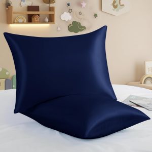 RUDONG M 2 Pack Zippered Satin Toddler Pillowcases 13×18 Inch – Silky Soft Toddler Pillow Cases with Hidden Zipper, Travel Pillow Covers for Boys & Girls, Navy Blue